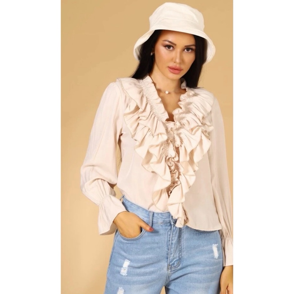 Flounce Sleeve Ruffle Trim Blouse
